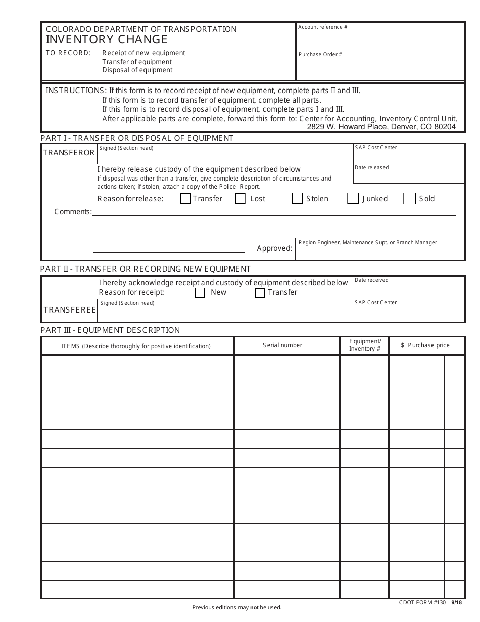 CDOT Form 130 Inventory Change - Colorado, Page 1