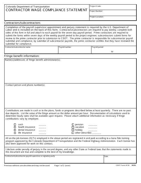 CDOT Form 118  Printable Pdf