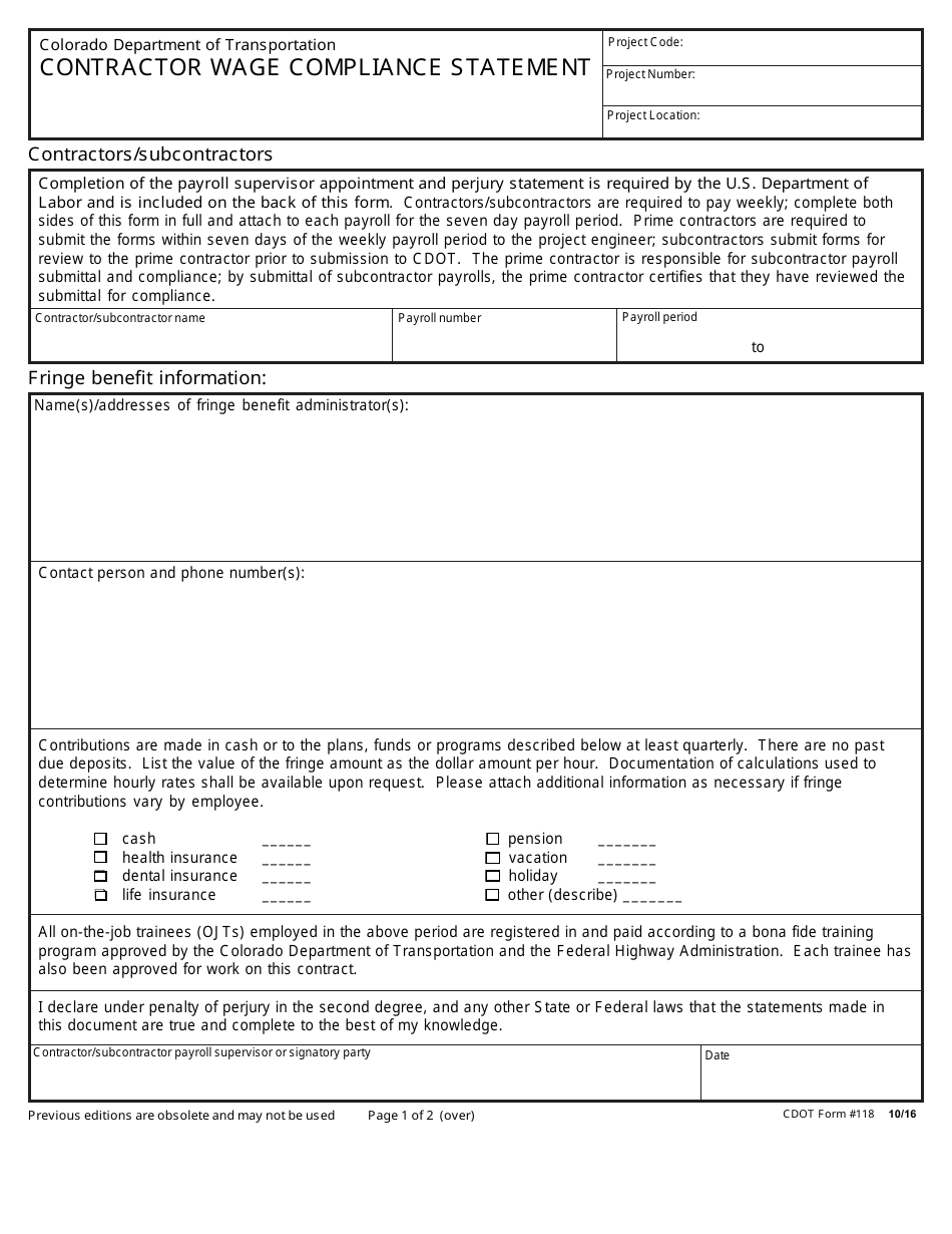 CDOT Form 118 Contractor Wage Compliance Statement - Colorado, Page 1