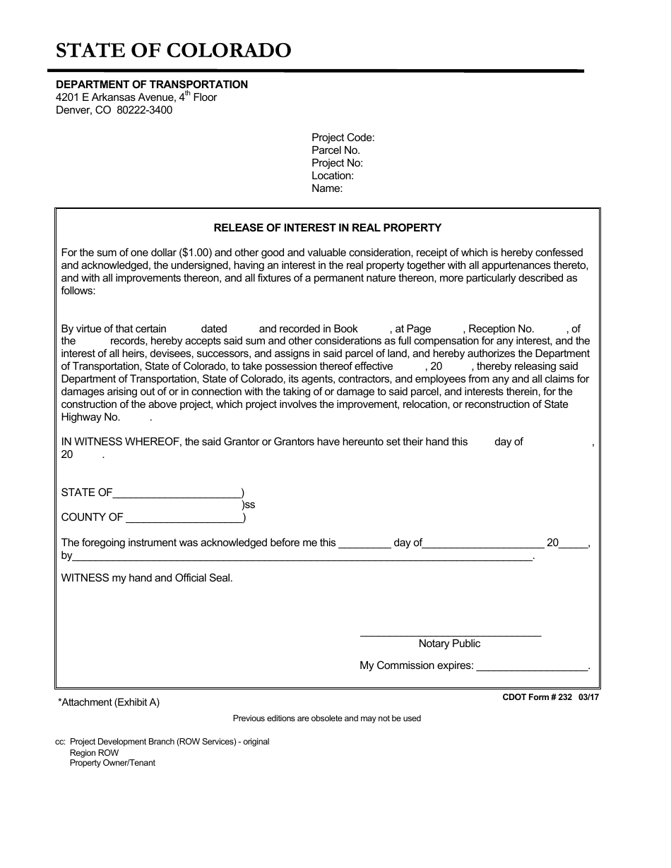 CDOT Form 232 Release of Interest in Real Property - Colorado, Page 1