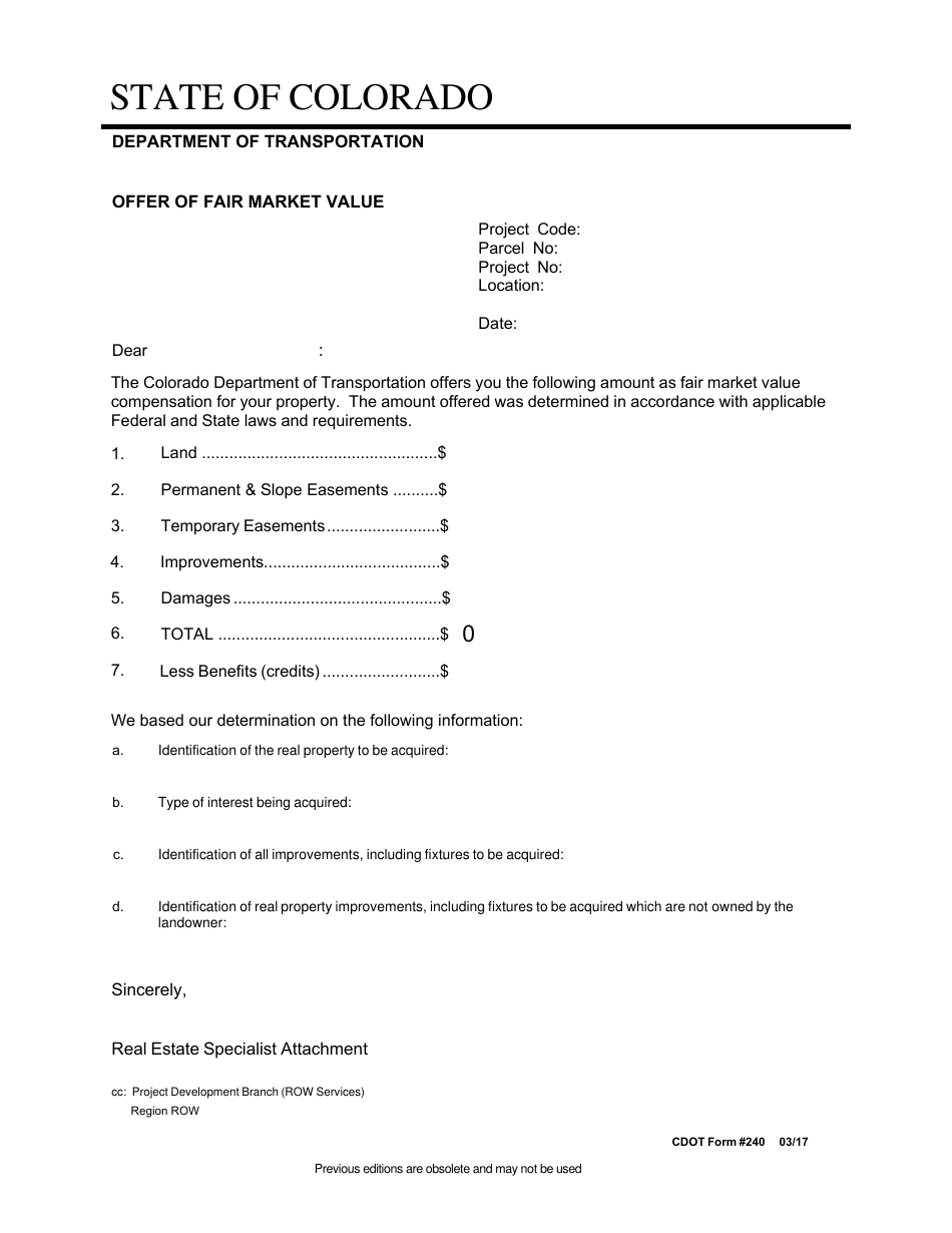 CDOT Form 240 Offer of Fair Market Value - Colorado, Page 1