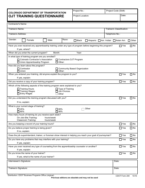 CDOT Form 200 Ojt Training Questionnaire - Colorado