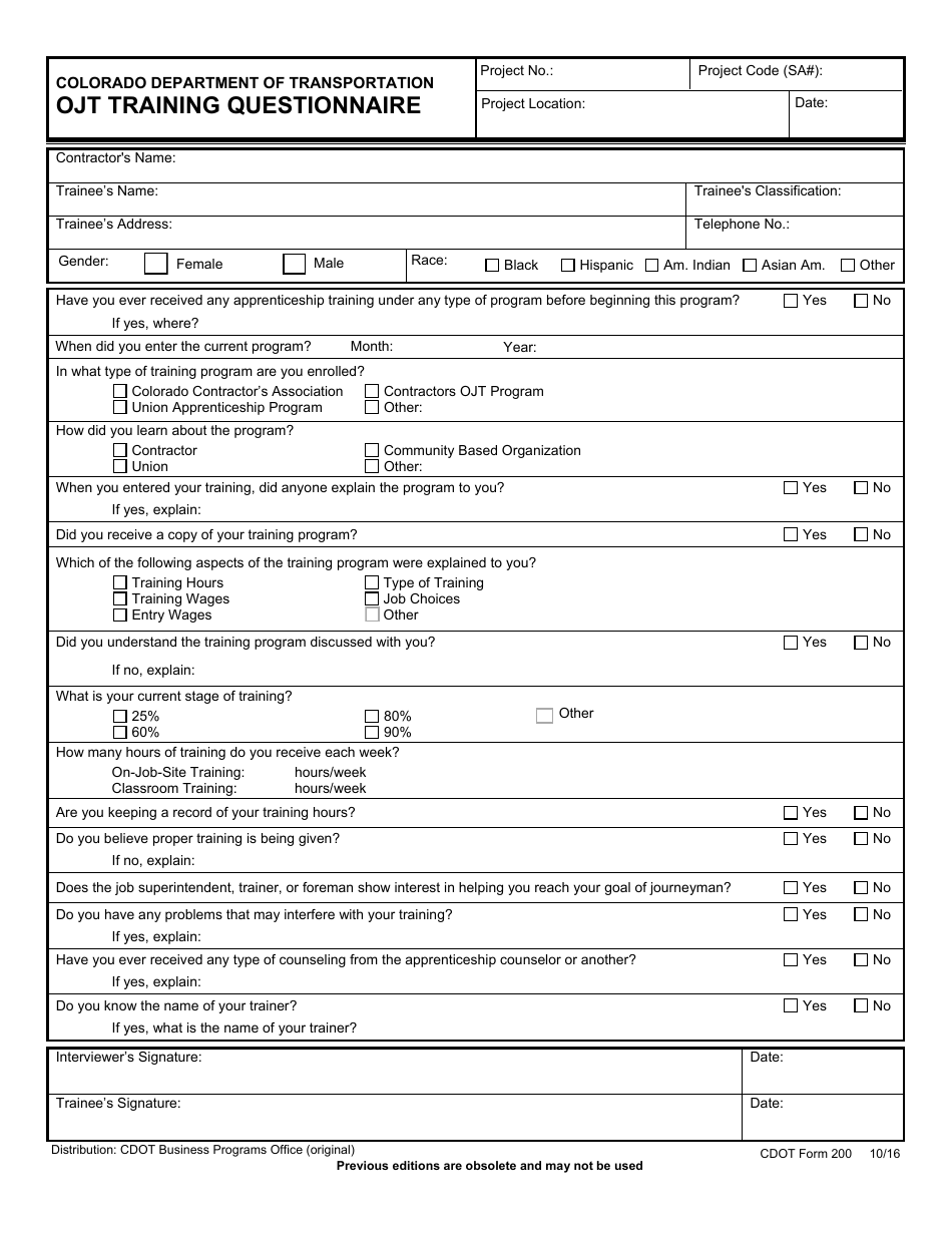CDOT Form 200 Ojt Training Questionnaire - Colorado, Page 1