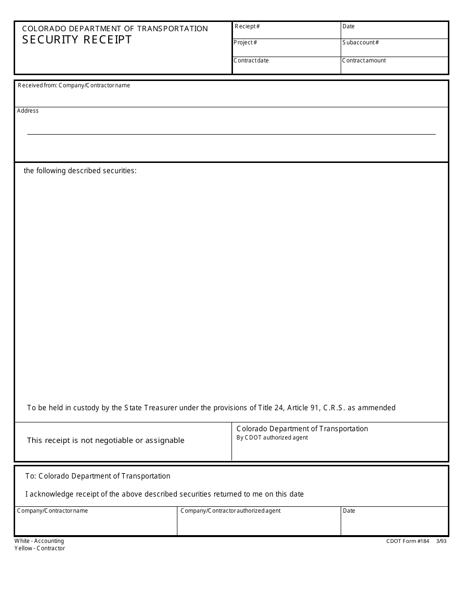 CDOT Form 184 Security Receipt - Colorado, Page 1