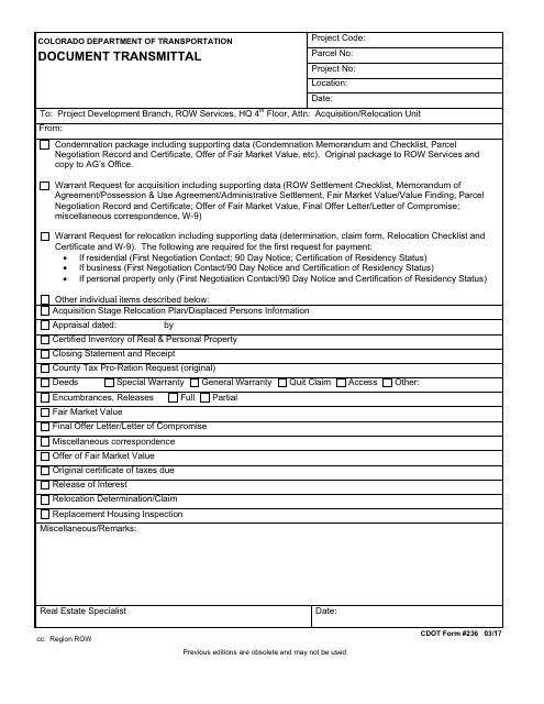 CDOT Form 236 Document Transmittal - Colorado