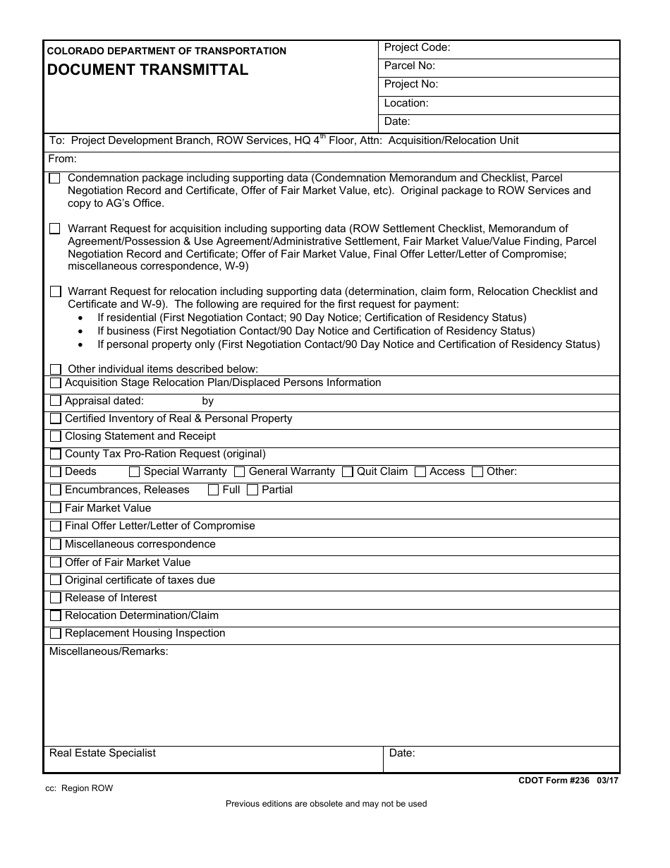 CDOT Form 236 Document Transmittal - Colorado, Page 1