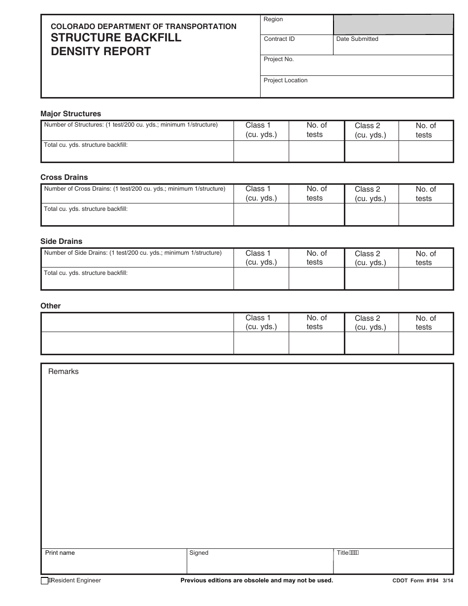 CDOT Form 194 Structure Backfill Density Report - Colorado, Page 1