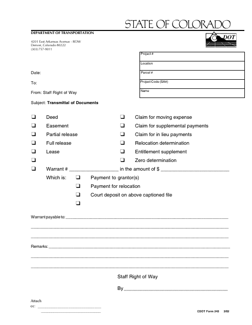 CDOT Form 243 Transmittal of Documents - Colorado