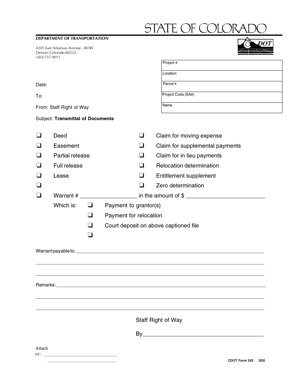 CDOT Form 243 Transmittal of Documents - Colorado, Page 1