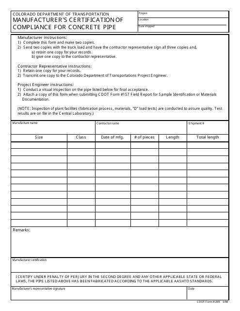 CDOT Form 249  Printable Pdf