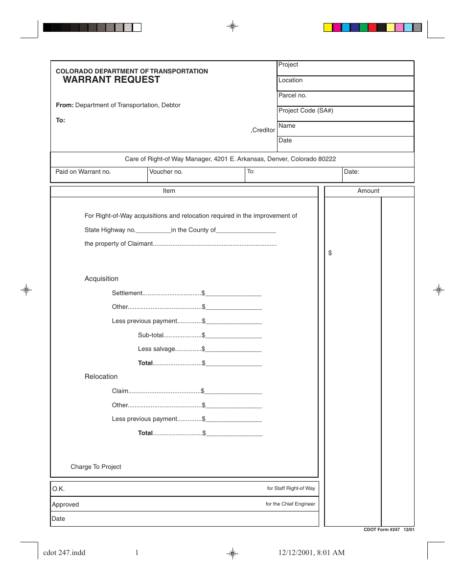 CDOT Form 247 Warrant Request - Colorado, Page 1