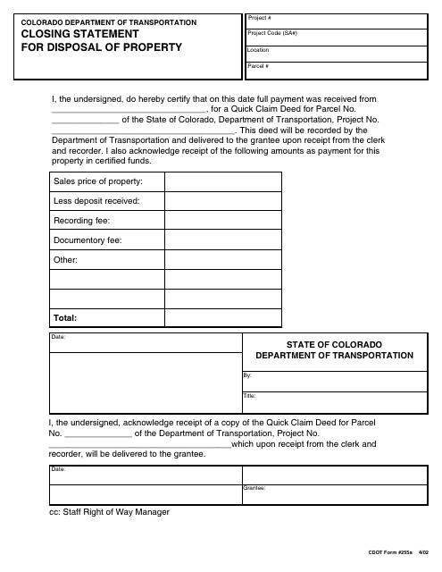 CDOT Form 255A  Printable Pdf