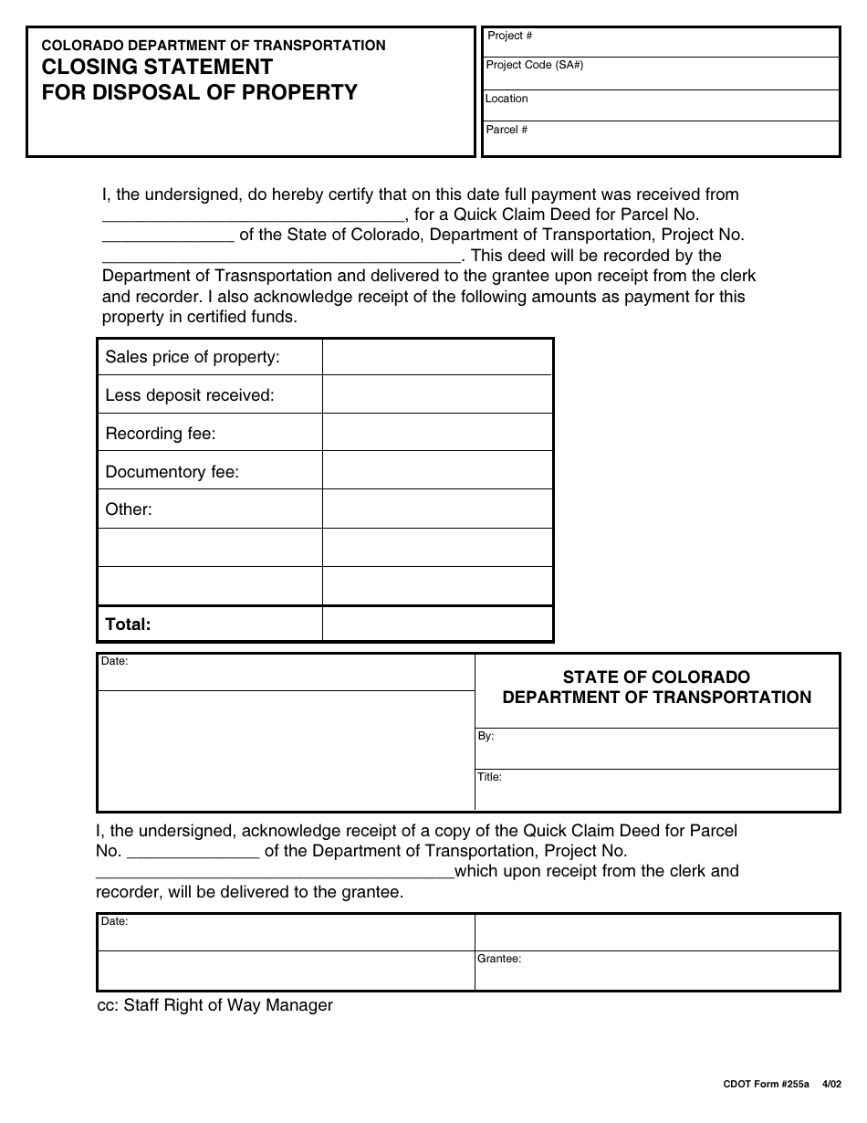 CDOT Form 255A Closing Statement for Disposal of Property - Colorado, Page 1