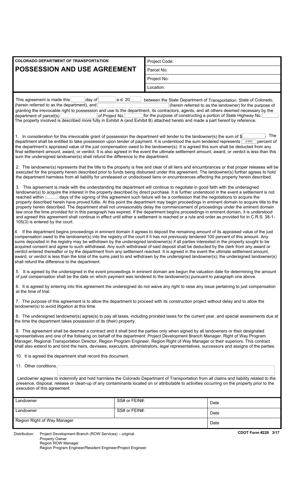 CDOT Form 228 Possession and Use Agreement - Colorado, Page 1