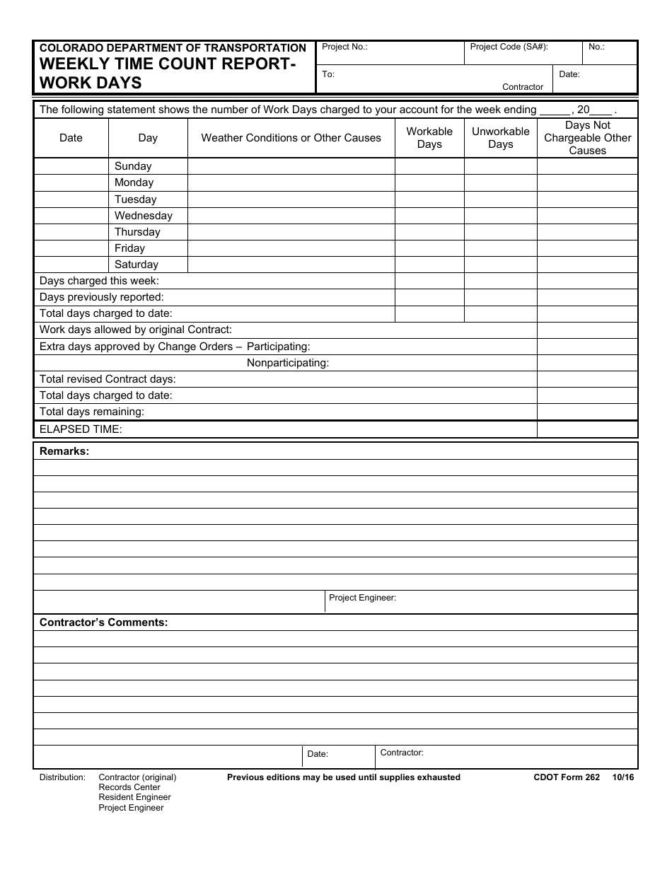 CDOT Form 262 Weekly Time Count Report - Work Days - Colorado, Page 1