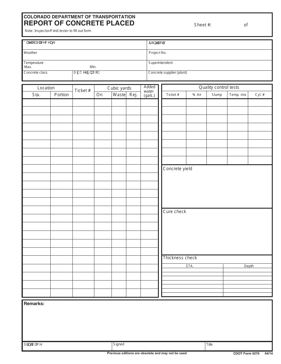 CDOT Form 276 Download Fillable PDF or Fill Online Report of Concrete