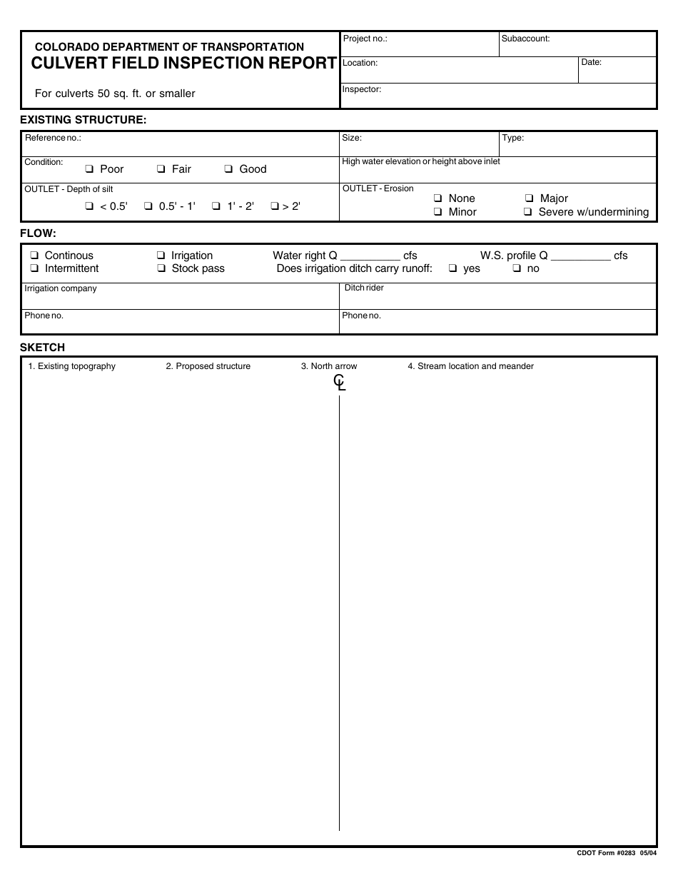 CDOT Form 0283 Culvert Field Inspection Report - Colorado, Page 1