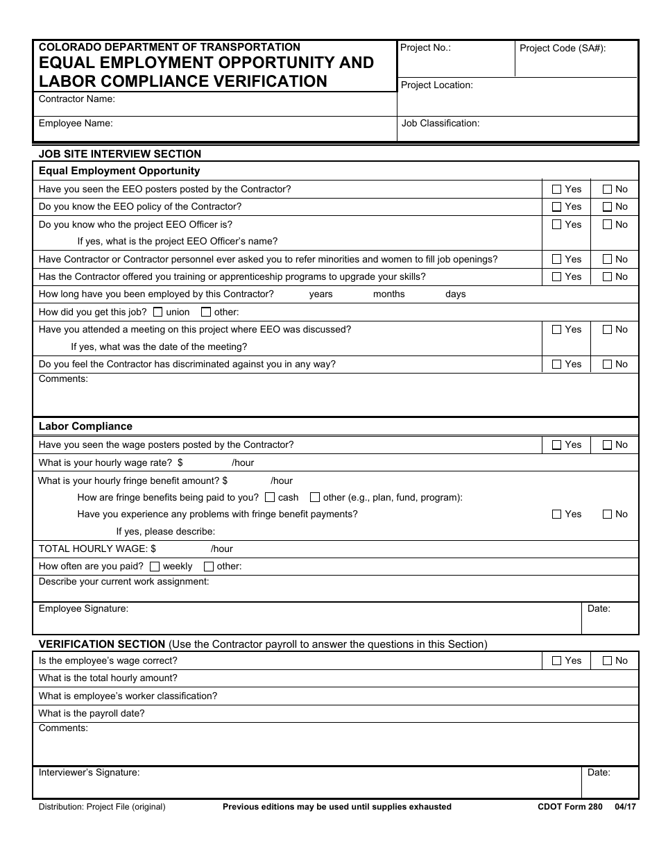 CDOT Form 280 Equal Employment Opportunity and Labor Compliance Verification - Colorado, Page 1
