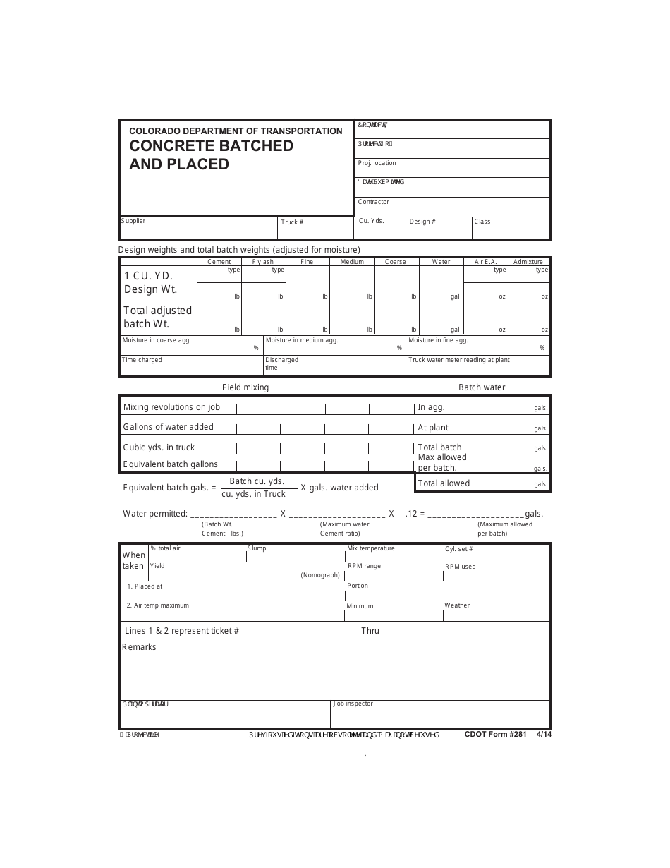 CDOT Form 281 Concrete Batched and Placed - Colorado, Page 1