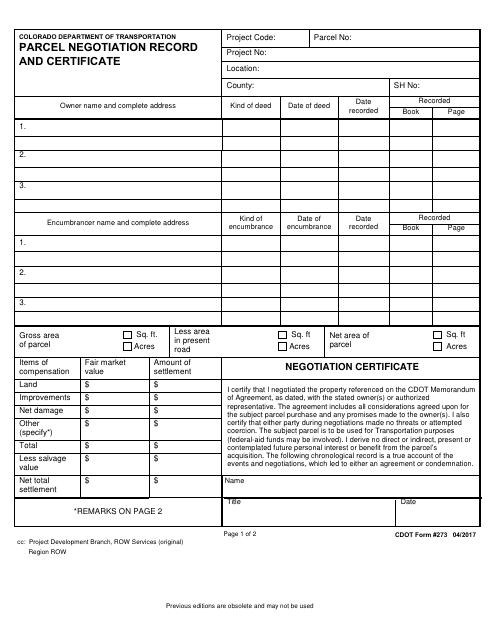 CDOT Form 273 Parcel Negotiation Record and Certificate - Colorado