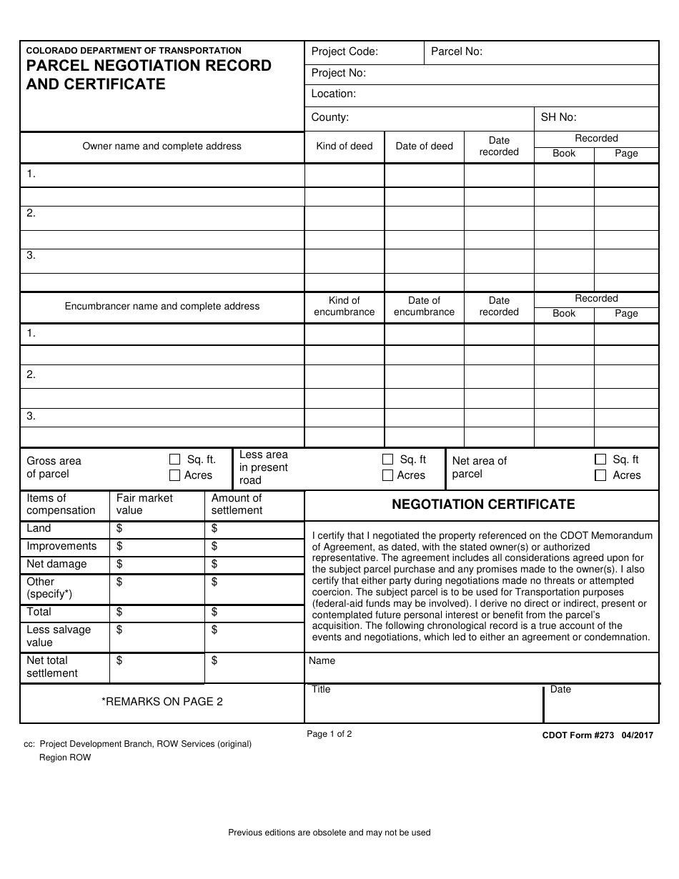 CDOT Form 273 Parcel Negotiation Record and Certificate - Colorado, Page 1