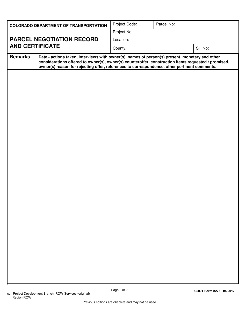 CDOT Form 273 Parcel Negotiation Record and Certificate - Colorado, Page 2