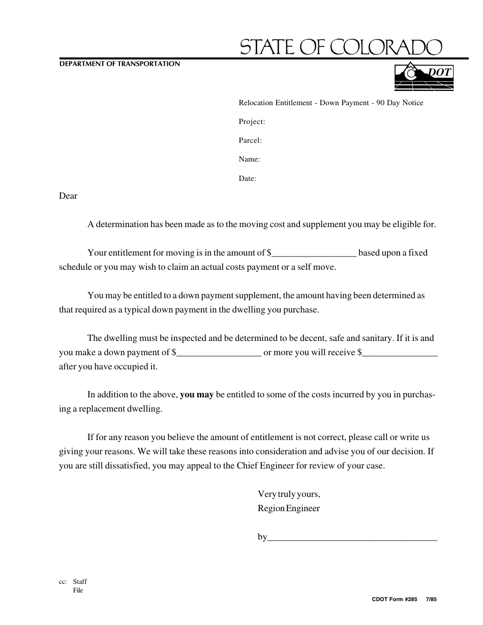 CDOT Form 285 Letter of Relocation Entitlement - Down Payment Supplement - Colorado, Page 1