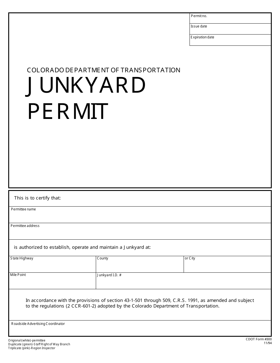 CDOT Form 300 Junkyard Permit - Colorado, Page 1