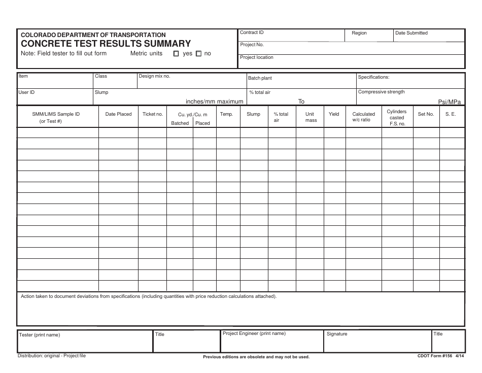 CDOT Form 156 Concrete Test Results Summary - Colorado, Page 1