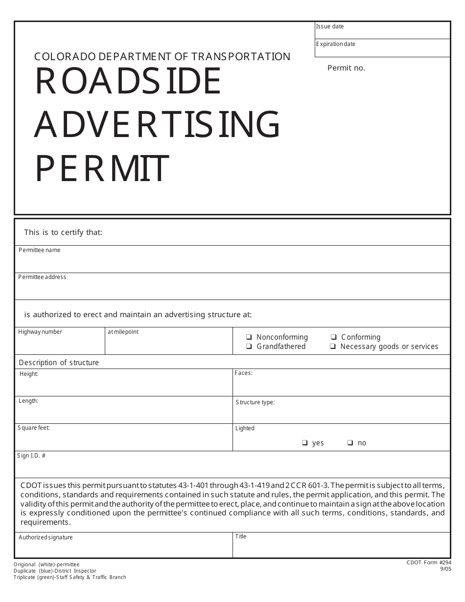 CDOT Form 294 Roadside Advertising Permit - Colorado, Page 1