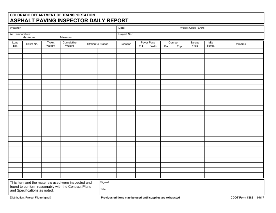 CDOT Form 282 Asphalt Paving Inspector Daily Report - Colorado, Page 1