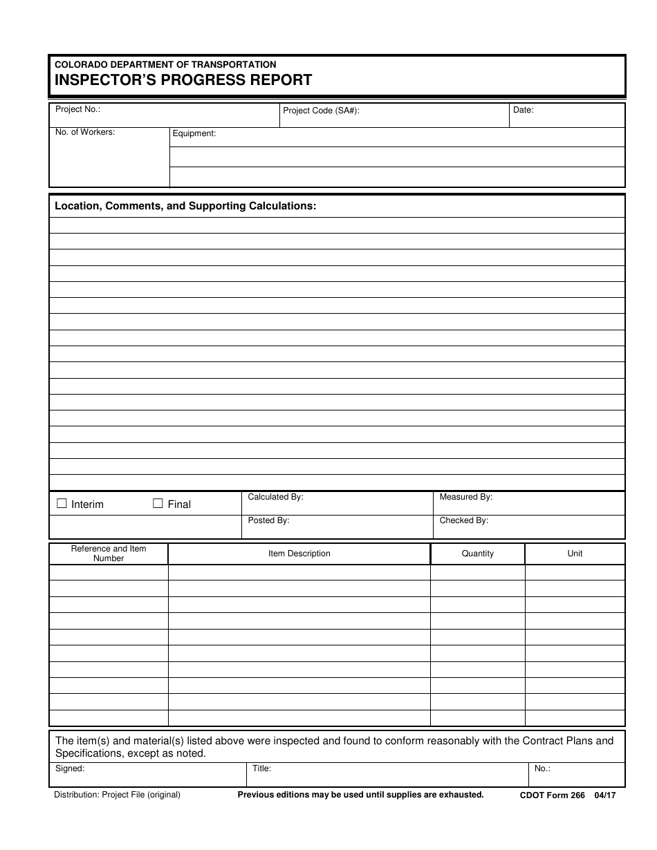 CDOT Form 266 Inspectors Progress Report - Colorado, Page 1
