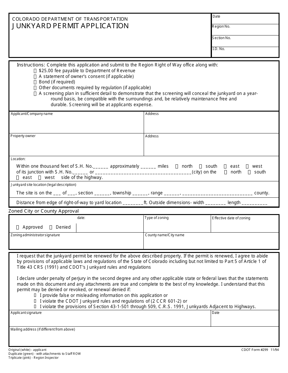 CDOT Form 299 Junkyard Permit Application - Colorado, Page 1