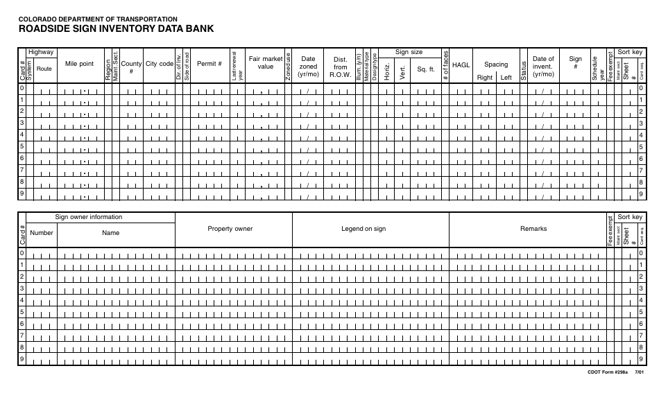 CDOT Form 298A Roadside Sign Inventory Data Bank - Colorado, Page 1