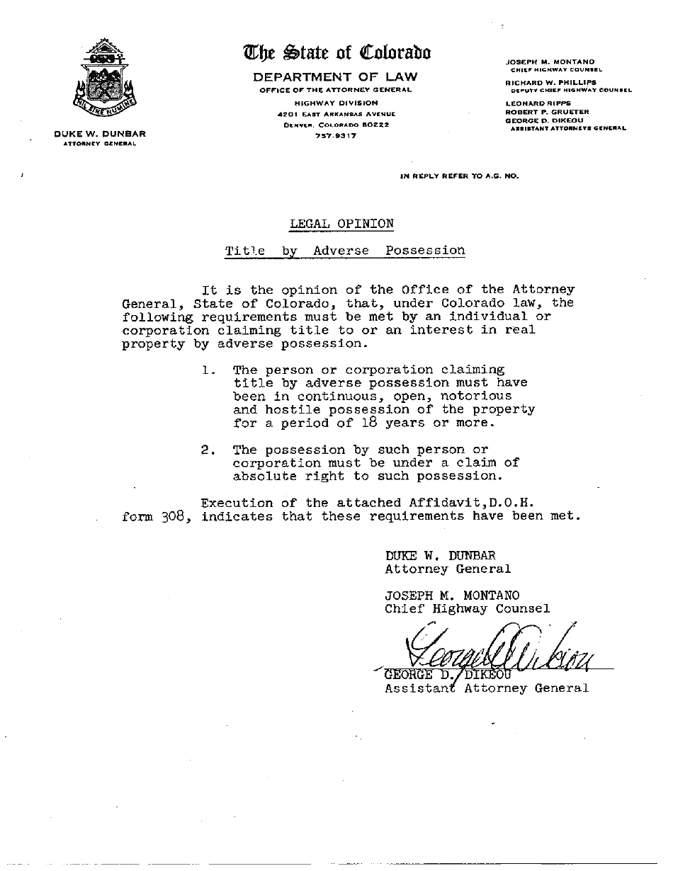 CDOT Form 308 Affidavit of Title by Adverse Possession - Colorado, Page 1