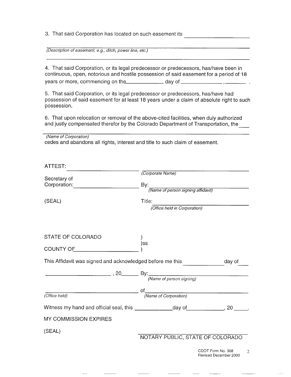 CDOT Form 308 Affidavit of Title by Adverse Possession - Colorado, Page 3