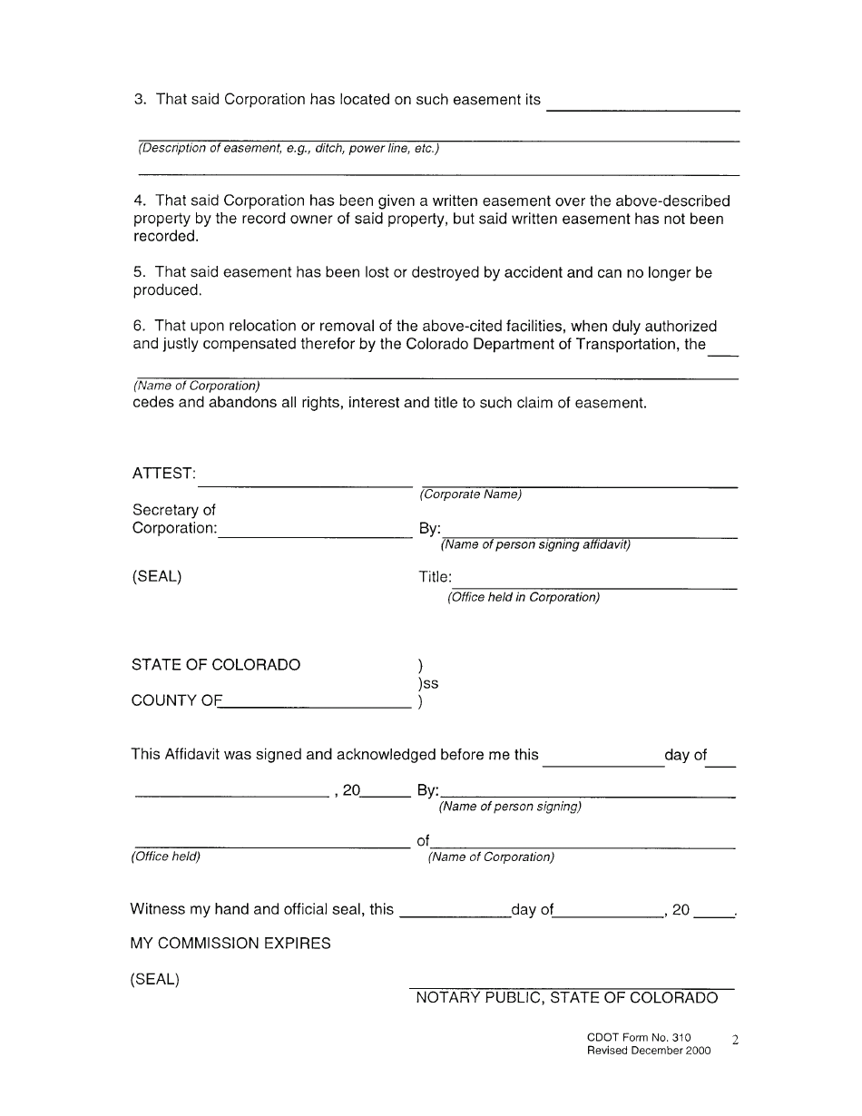 CDOT Form 310 Affidavit of Easement Lost or Destroyed - Colorado, Page 3