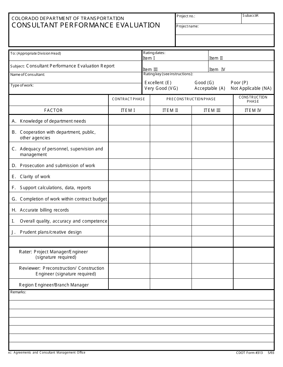 CDOT Form 313 Consultant Performance Evaluation - Colorado, Page 1
