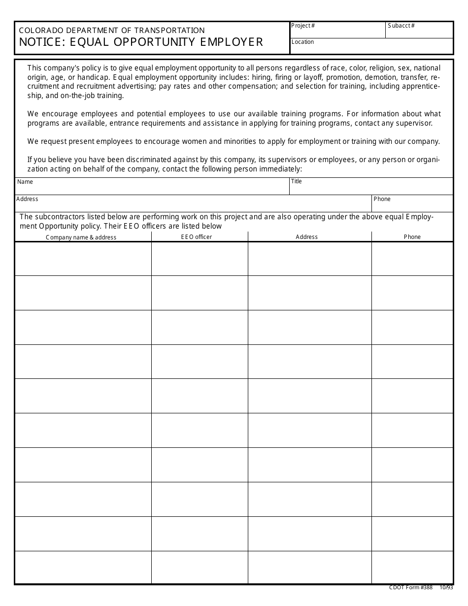 CDOT Form 388 Notice: Equal Opportunity Employer - Colorado, Page 1