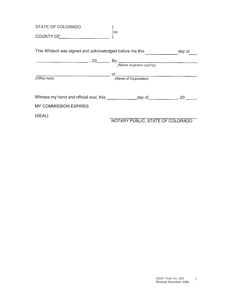 CDOT Form 309 Affidavit of Title by Adverse Possession and Payment of Taxes - Colorado, Page 4