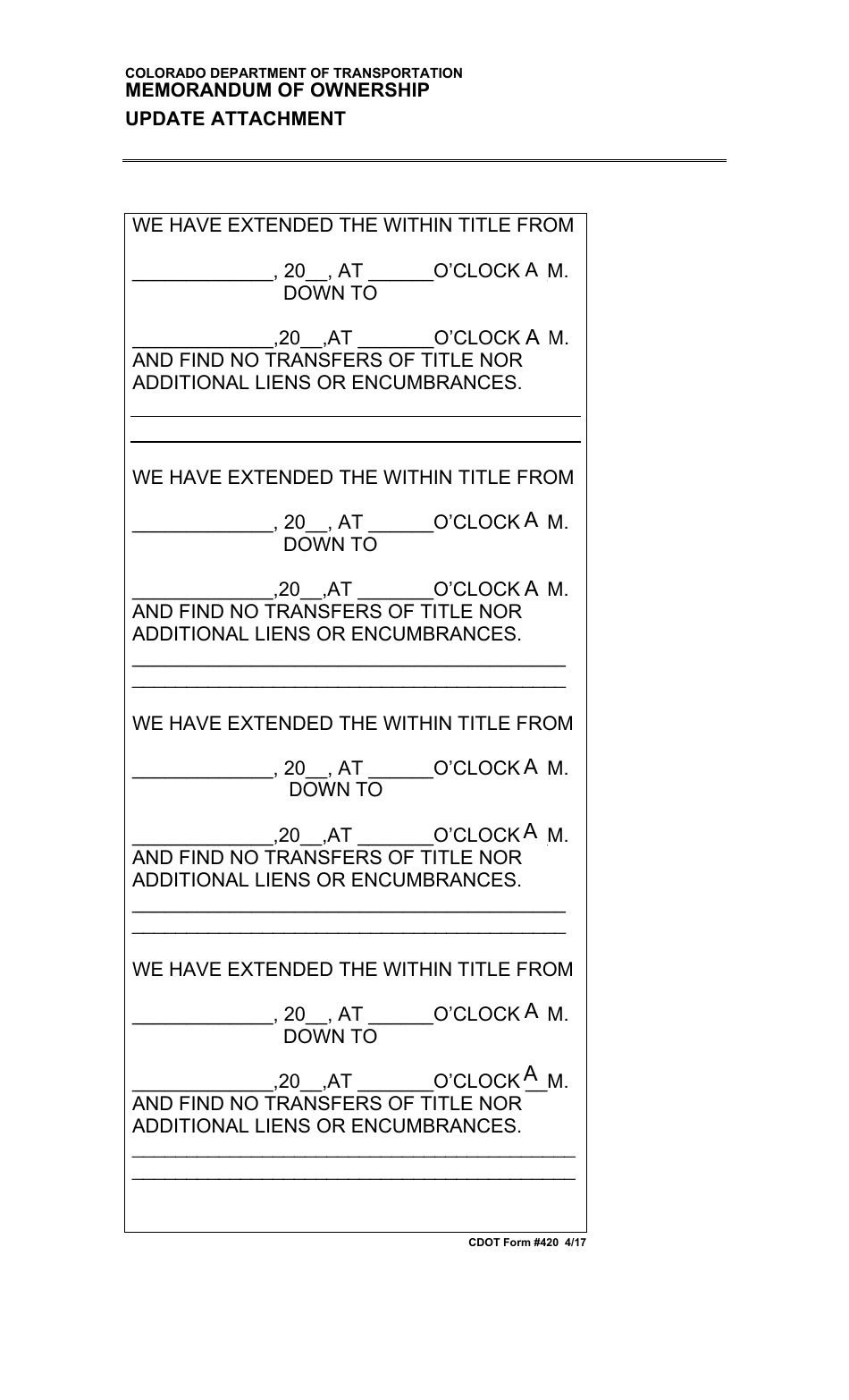 CDOT Form 420 Memorandum of Ownership Update Attachment - Colorado, Page 1