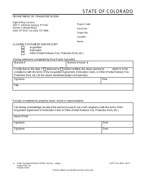CDOT Form 444 Acquisition/Relocation Closing Statement and Receipt - Colorado