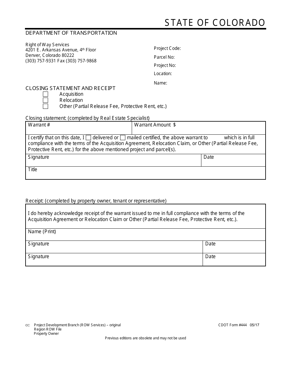 CDOT Form 444 Acquisition / Relocation Closing Statement and Receipt - Colorado, Page 1