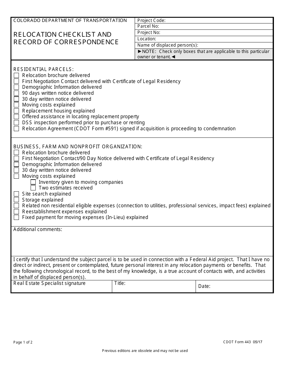 CDOT Form 443 Relocation Checklist and Record of Correspondence - Colorado, Page 1
