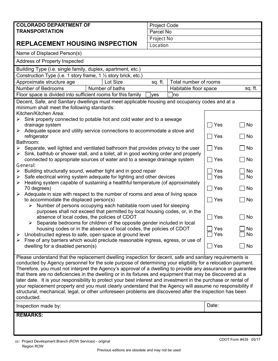 CDOT Form 439 Replacement Housing Inspection - Colorado, Page 1
