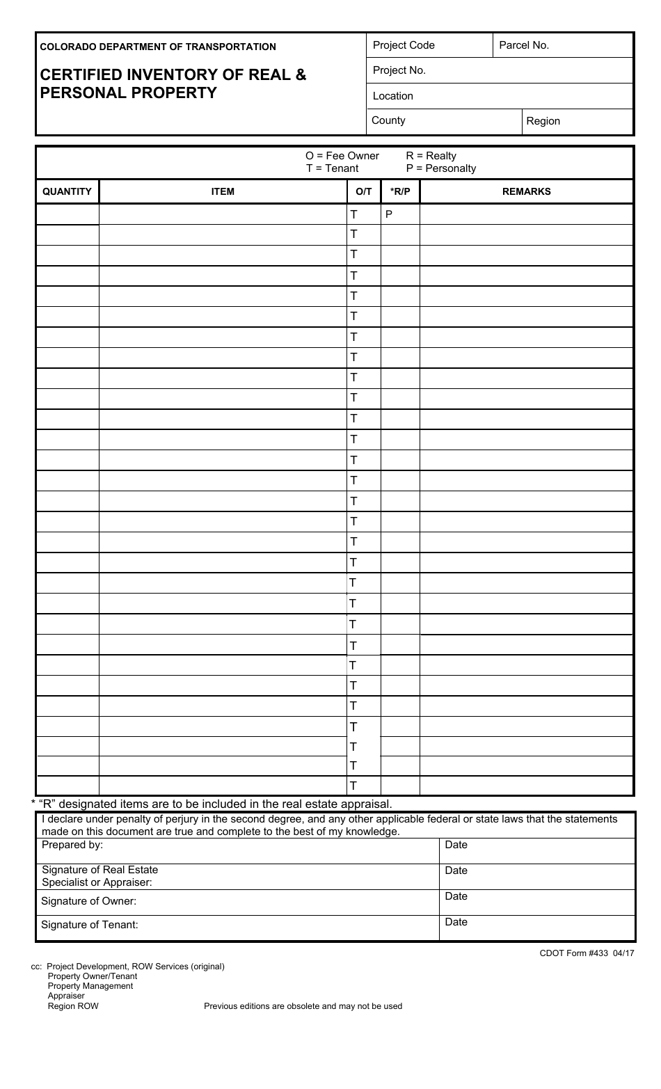 CDOT Form 433 Certified Inventory of Real  Personal Property - Colorado, Page 1
