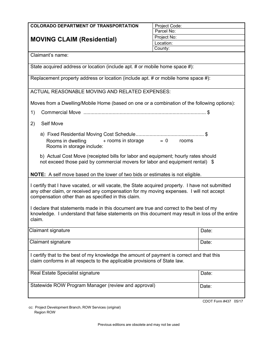 CDOT Form 437 Moving Claim (Residential) - Colorado, Page 1