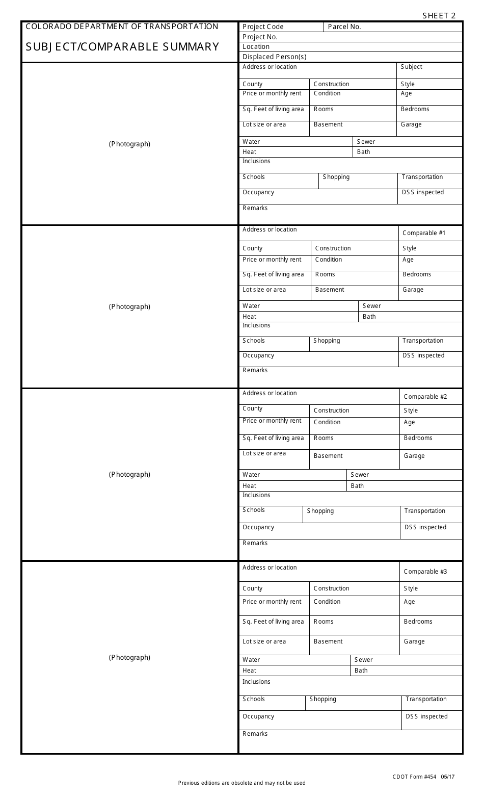 CDOT Form 454 Subject / Comparable Summary - Colorado, Page 1