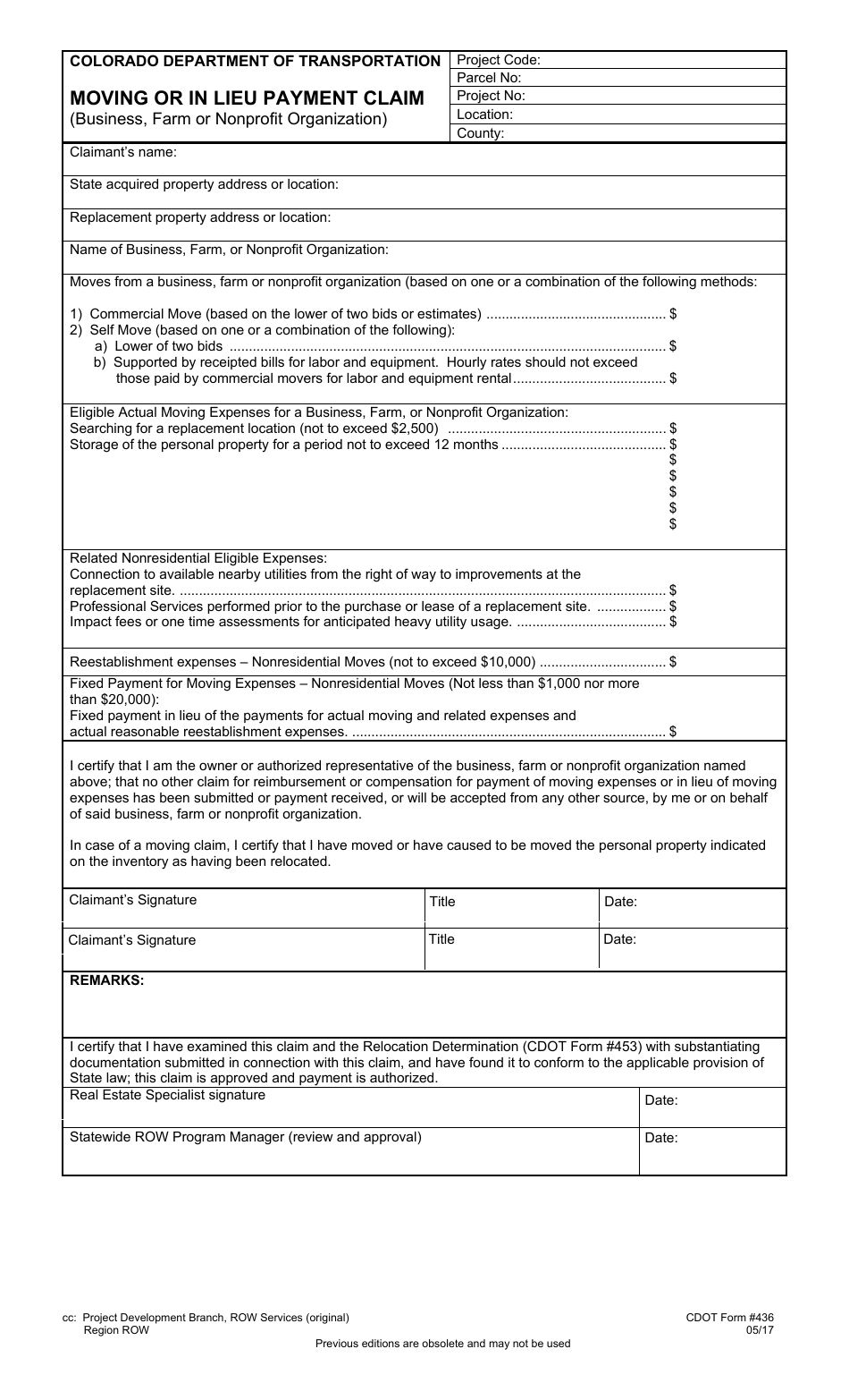 CDOT Form 436 Moving or in Lieu Payment Claim ((Business, Farm or Nonprofit Organization) - Colorado, Page 1