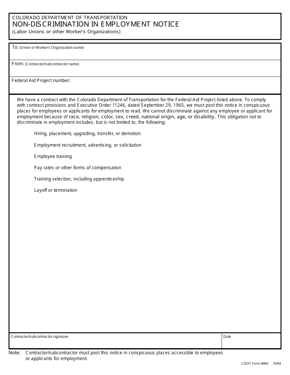 CDOT Form 465 Non-discrimination in Employment Notice (Labor Unions or Other Workers Organizations) - Colorado, Page 1
